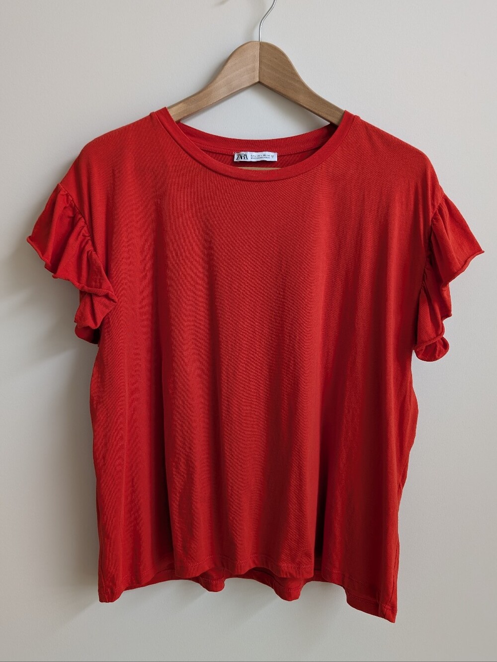 Zara Large 100 Cotton Ruffle Sleeve Tee Blouse Top Tomato Red